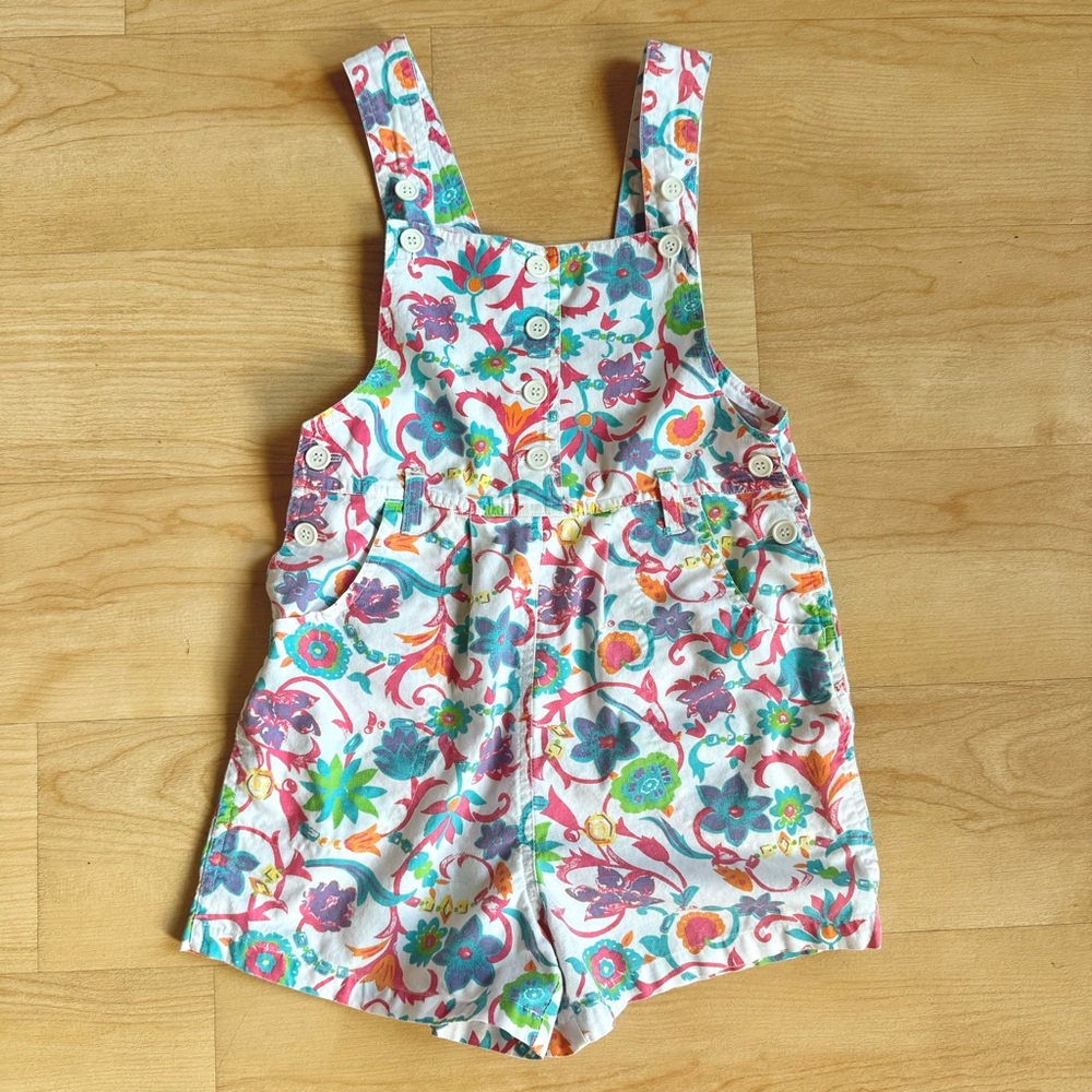 Vintage Code One Y2K girl’s overall shorts, whimsical garden, sz 12